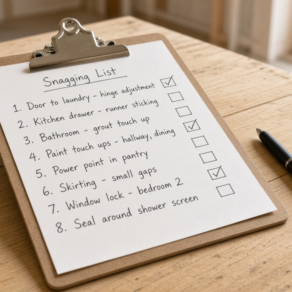 Punch-list clipboard and pen on timber