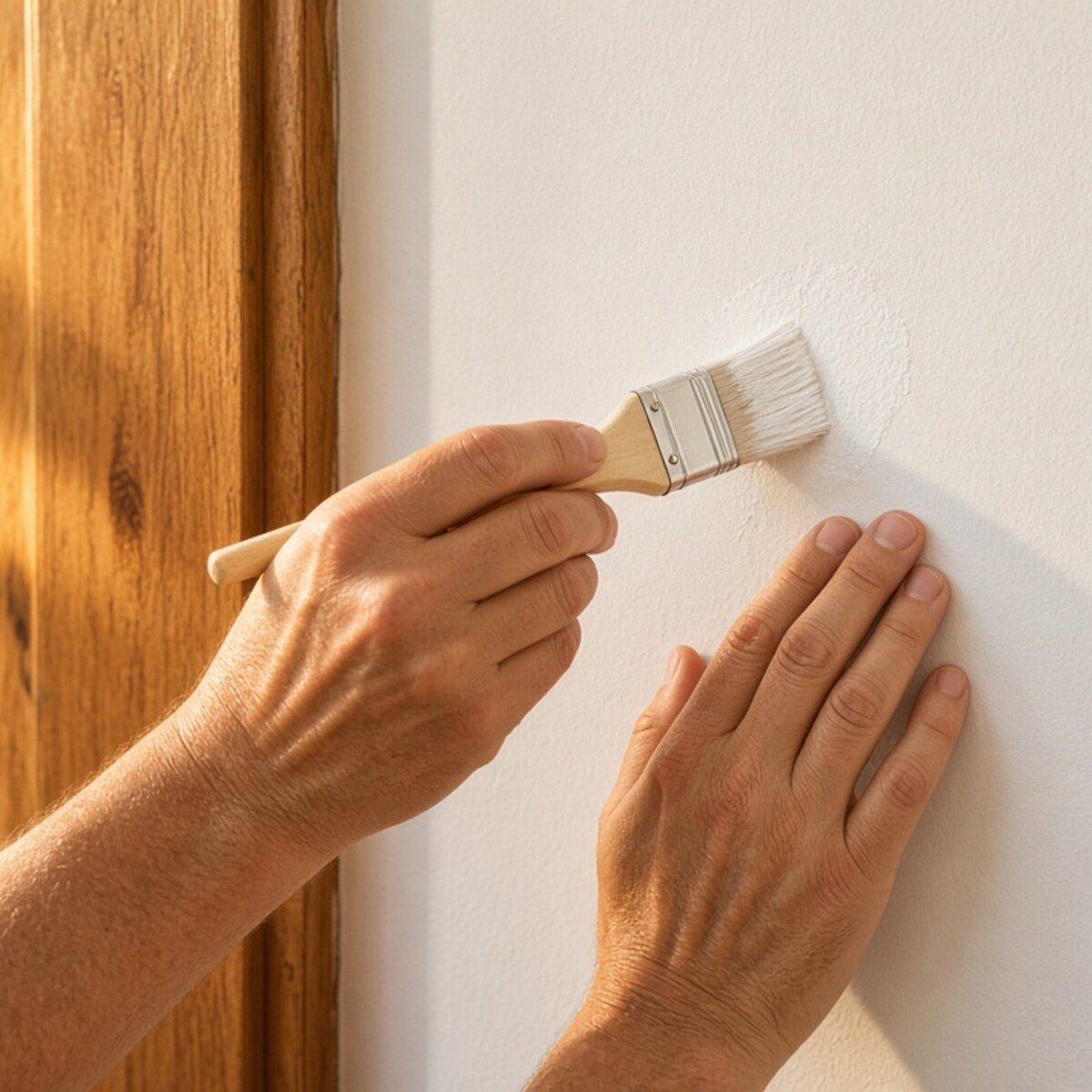 Paint touch-up on honey oak casing with warm side light